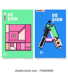 Vector covers design set with retro style. Cool geometric memphis style poster template with alphabets. Summer and autumn design template.