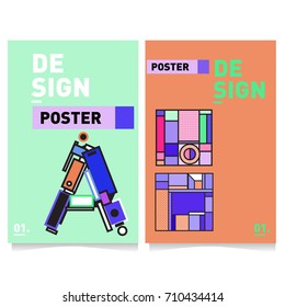 Vector covers design set with retro style. Cool geometric memphis style poster template with alphabets. Summer and autumn design template.