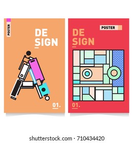 Vector covers design set with retro style. Cool geometric memphis style poster template with alphabets. Summer and autumn design template.