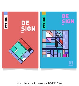 Vector covers design set with retro style. Cool geometric memphis style poster template with alphabets. Summer and autumn design template.