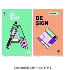 Vector covers design set with retro style. Cool geometric memphis style poster template with alphabets. Summer and autumn design template.