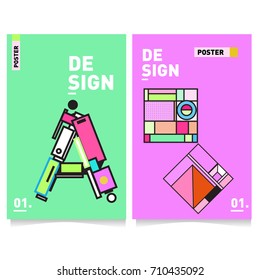 Vector covers design set with retro style. Cool geometric memphis style poster template with alphabets. Summer and autumn design template.