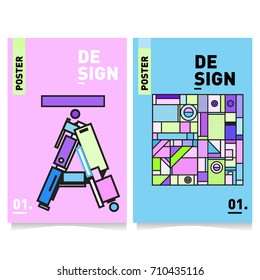 Vector covers design set with retro style. Cool geometric memphis style poster template with alphabets. Summer and autumn design template.