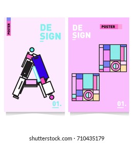 Vector covers design set with retro style. Cool geometric memphis style poster template with alphabets. Summer and autumn design template.