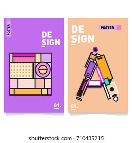 Vector covers design set with retro style. Cool geometric memphis style poster template with alphabets. Summer and autumn design template.