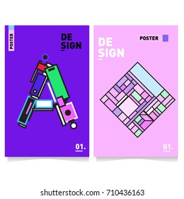 Vector covers design set with retro style. Cool geometric memphis style poster template with alphabets. Summer and autumn design template.