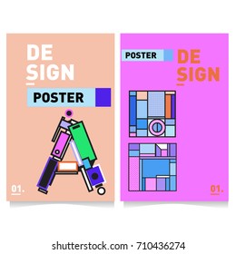 Vector covers design set with retro style. Cool geometric memphis style poster template with alphabets. Summer and autumn design template.