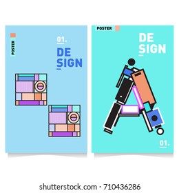 Vector covers design set with retro style. Cool geometric memphis style poster template with alphabets. Summer and autumn design template.