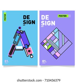 Vector covers design set with retro style. Cool geometric memphis style poster template with alphabets. Summer and autumn design template.