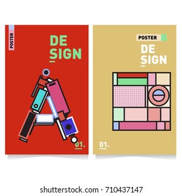 Vector covers design set with retro style. Cool geometric memphis style poster template with alphabets. Summer and autumn design template.