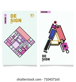 Vector covers design set with retro style. Cool geometric memphis style poster template with alphabets. Summer and autumn design template.