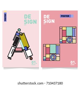 Vector covers design set with retro style. Cool geometric memphis style poster template with alphabets. Summer and autumn design template.