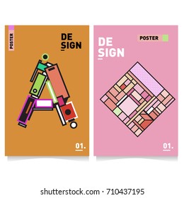 Vector covers design set with retro style. Cool geometric memphis style poster template with alphabets. Summer and autumn design template.