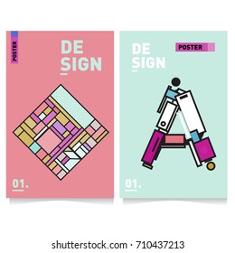 Vector covers design set with retro style. Cool geometric memphis style poster template with alphabets. Summer and autumn design template.