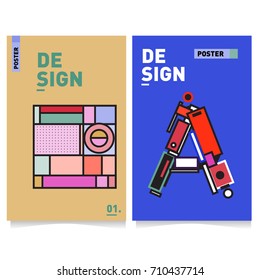 Vector covers design set with retro style. Cool geometric memphis style poster template with alphabets. Summer and autumn design template.