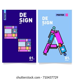 Vector covers design set with retro style. Cool geometric memphis style poster template with alphabets. Summer and autumn design template.