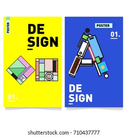 Vector covers design set with retro style. Cool geometric memphis style poster template with alphabets. Summer and autumn design template.