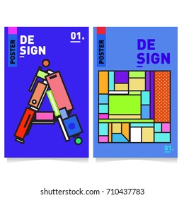 Vector covers design set with retro style. Cool geometric memphis style poster template with alphabets. Summer and autumn design template.