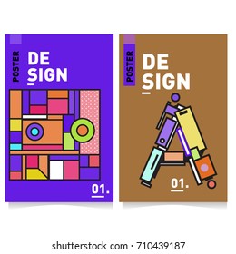 Vector covers design set with retro style. Cool geometric memphis style poster template with alphabets. Summer and autumn design template.