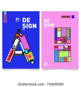 Vector covers design set with retro style. Cool geometric memphis style poster template with alphabets. Summer and autumn design template.