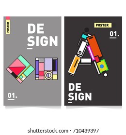 Vector covers design set with retro style. Cool geometric memphis style poster template with alphabets. Summer and autumn design template.