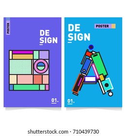 Vector covers design set with retro style. Cool geometric memphis style poster template with alphabets. Summer and autumn design template.