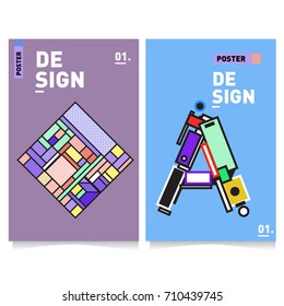 Vector covers design set with retro style. Cool geometric memphis style poster template with alphabets. Summer and autumn design template.