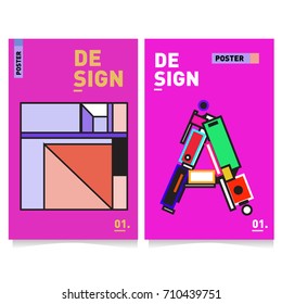Vector covers design set with retro style. Cool geometric memphis style poster template with alphabets. Summer and autumn design template.
