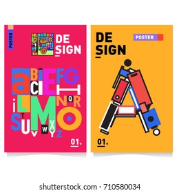 Vector covers design set with retro style. Cool geometric memphis style poster template with alphabets typography. Summer and autumn design template.