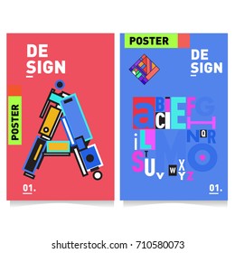 Vector covers design set with retro style. Cool geometric memphis style poster template with alphabets typography. Summer and autumn design template.