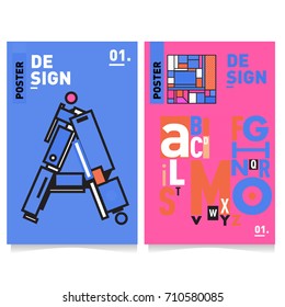 Vector covers design set with retro style. Cool geometric memphis style poster template with alphabets typography. Summer and autumn design template.