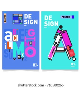 Vector covers design set with retro style. Cool geometric memphis style poster template with alphabets typography. Summer and autumn design template.