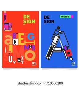 Vector covers design set with retro style. Cool geometric memphis style poster template with alphabets typography. Summer and autumn design template.