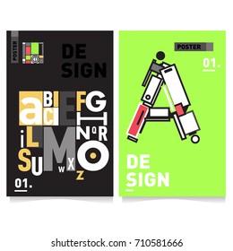 Vector covers design set with retro style. Cool geometric memphis style poster template with alphabets typography. Summer and autumn design template.