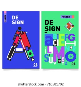 Vector covers design set with retro style. Cool geometric memphis style poster template with alphabets typography. Summer and autumn design template.
