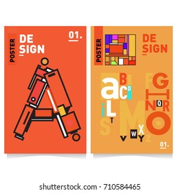 Vector covers design set with retro style. Cool geometric memphis style poster template with alphabets typography. Summer and autumn design template.