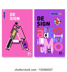 Vector covers design set with retro style. Cool geometric memphis style poster template with alphabets typography. Summer and autumn design template.