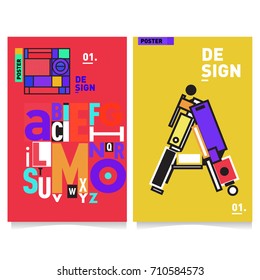 Vector covers design set with retro style. Cool geometric memphis style poster template with alphabets typography. Summer and autumn design template.