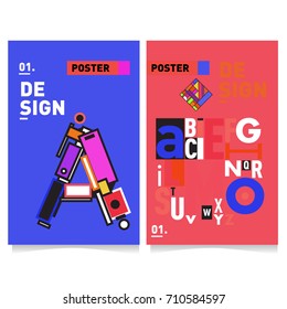 Vector covers design set with retro style. Cool geometric memphis style poster template with alphabets typography. Summer and autumn design template.