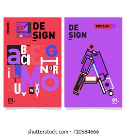 Vector covers design set with retro style. Cool geometric memphis style poster template with alphabets typography. Summer and autumn design template.