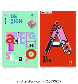 Vector covers design set with retro style. Cool geometric memphis style poster template with alphabets typography. Summer and autumn design template.