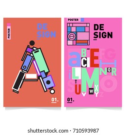 Vector covers design set with retro style. Cool geometric memphis style poster template with alphabets typography. Summer and autumn design template.