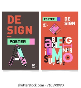 Vector covers design set with retro style. Cool geometric memphis style poster template with alphabets typography. Summer and autumn design template.
