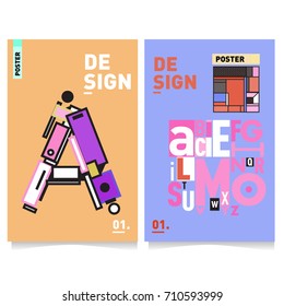 Vector covers design set with retro style. Cool geometric memphis style poster template with alphabets typography. Summer and autumn design template.