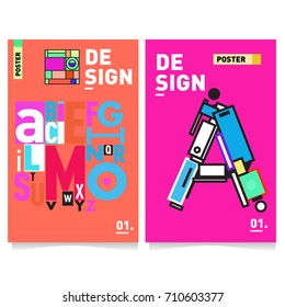 Vector covers design set with retro style. Cool geometric memphis style poster template with alphabets typography. Summer and autumn design template.