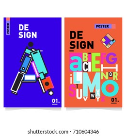 Vector covers design set with retro style. Cool geometric memphis style poster template with alphabets typography. Summer and autumn design template.