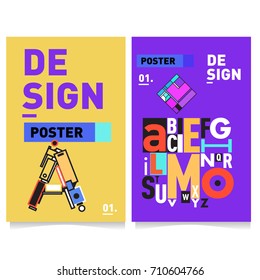 Vector covers design set with retro style. Cool geometric memphis style poster template with alphabets typography. Summer and autumn design template.