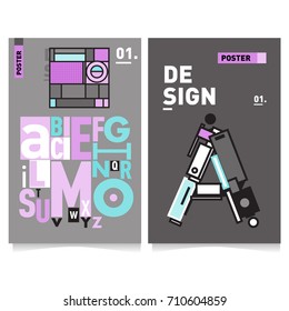 Vector covers design set with retro style. Cool geometric memphis style poster template with alphabets typography. Summer and autumn design template.