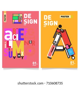 Vector covers design set with retro style. Cool geometric memphis style poster template with alphabets typography. Summer and autumn design template.