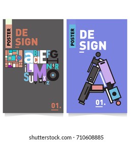 Vector covers design set with retro style. Cool geometric memphis style poster template with alphabets typography. Summer and autumn design template.